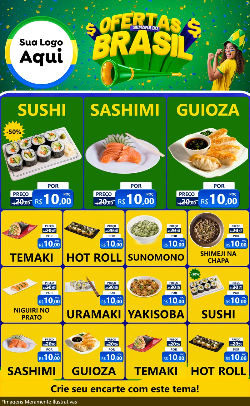 Modelo de Encarte para Encarte Grande com o tema Ofertas Semana do Brasil para Comida japonesa