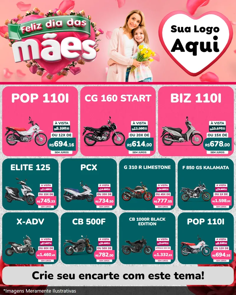 Modelo de Rede Social para Feed Instagram com o tema Feliz Dia das Mães para Concessionaria de Motos