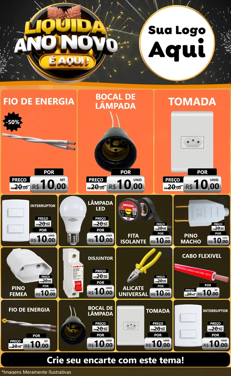 Modelo de Encarte para Encarte Grande com o tema Liquida Ano Novo É Aqui! para Materiais Elétricos