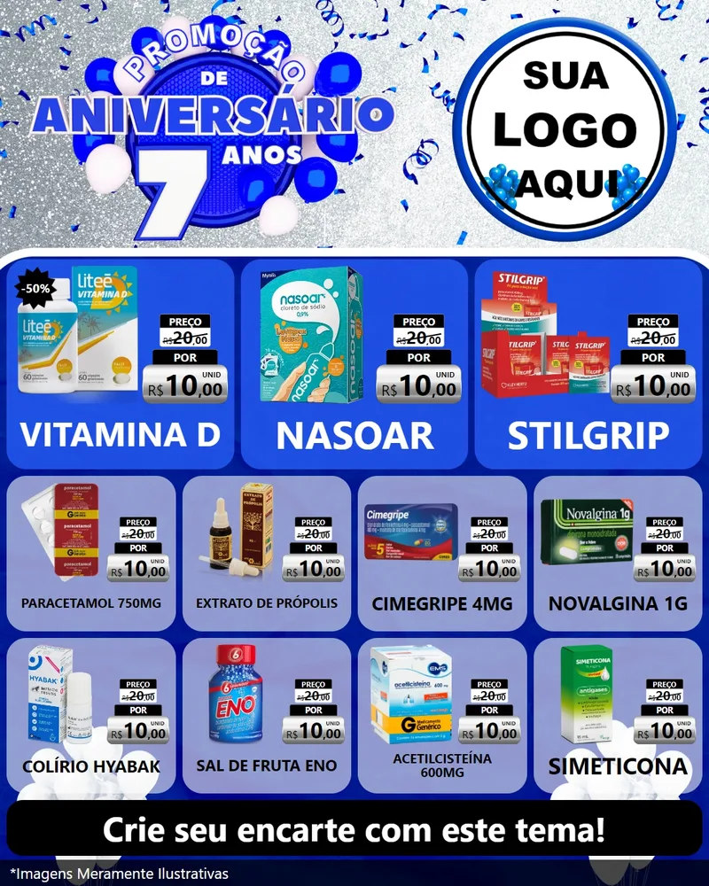 Modelo de Rede Social para Feed Instagram com o tema Promoção de Aniversário - 7 Anos para Farmácia