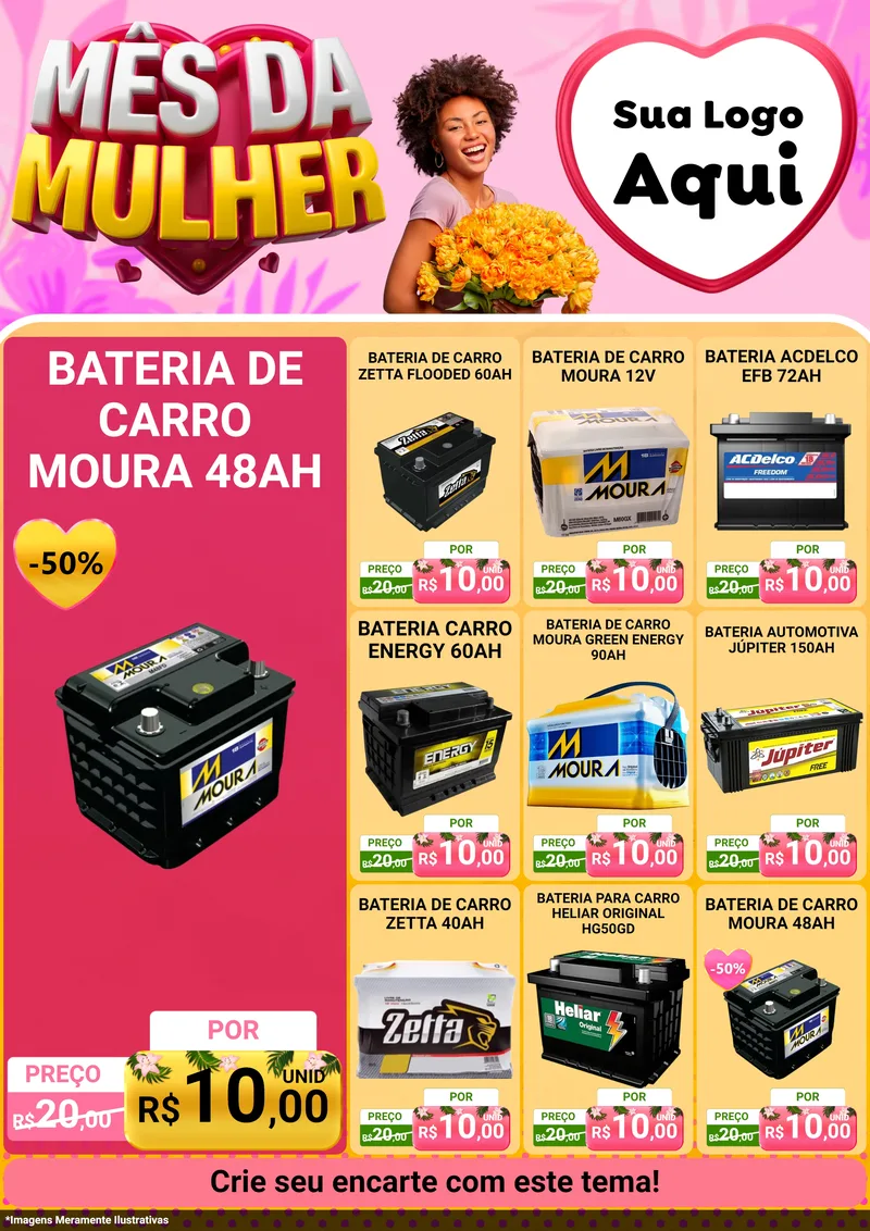 Modelo de Encarte para Encarte A4 Vertical com o tema Mês da Mulher para Baterias Elétricas