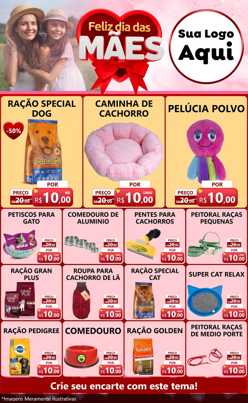 Modelo de Encarte para Encarte Grande com o tema Feliz Dia Das Mães para Pet Shop