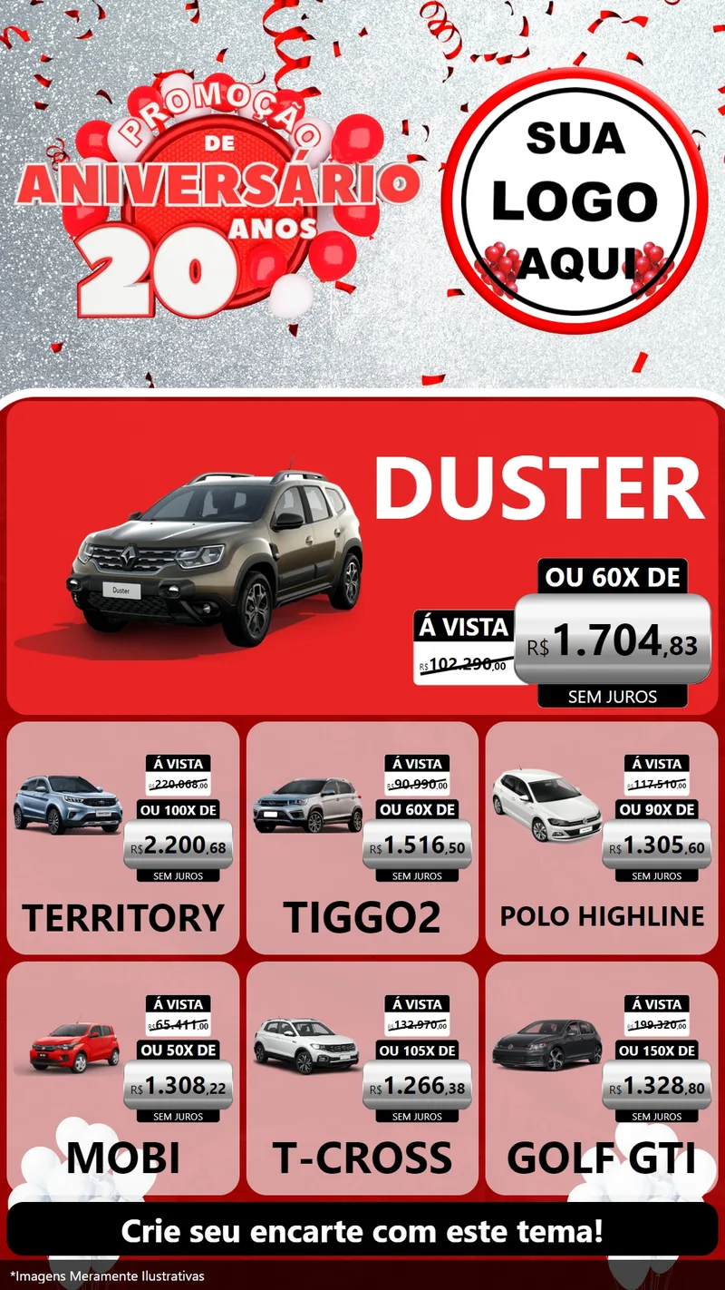 Modelo de Rede Social para Stories com o tema Promoção de Aniversário - 20 Anos para Concessionaria de Carros