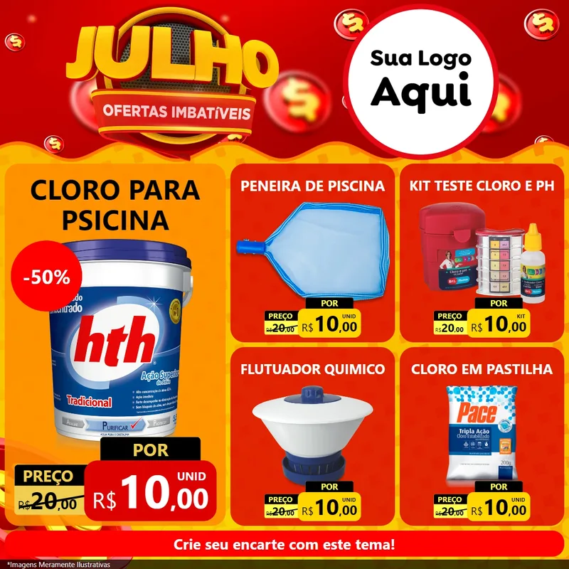 Modelo de Rede Social para Feed Facebook com o tema Julho Ofertas Imbatíveis para Produtos para Piscina