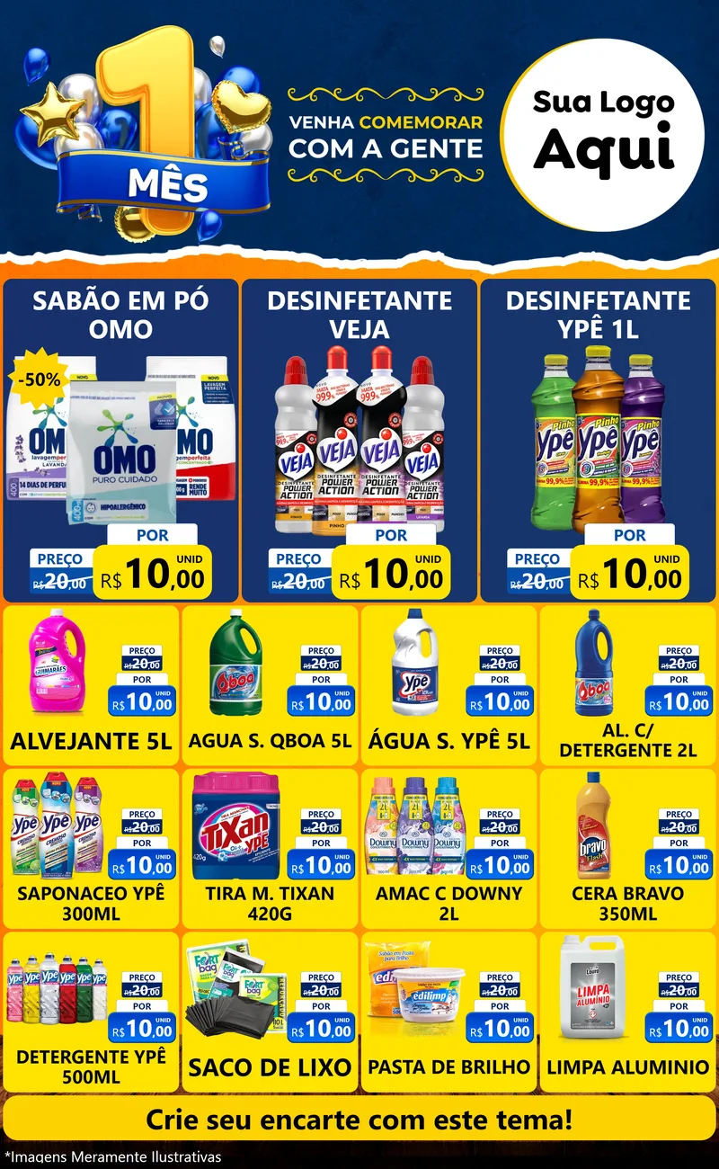 Modelo de Encarte para Encarte Grande com o tema Um Mês de Aniversário para Produtos de Limpeza
