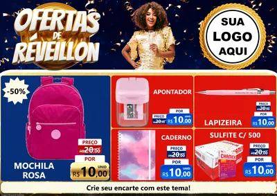 Modelo de Encarte para Encarte A4 Horizontal com o tema Ofertas de Réveillon para Papelaria