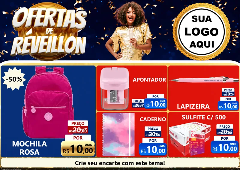 Modelo de Encarte para Encarte A4 Horizontal com o tema Ofertas de Réveillon para Papelaria