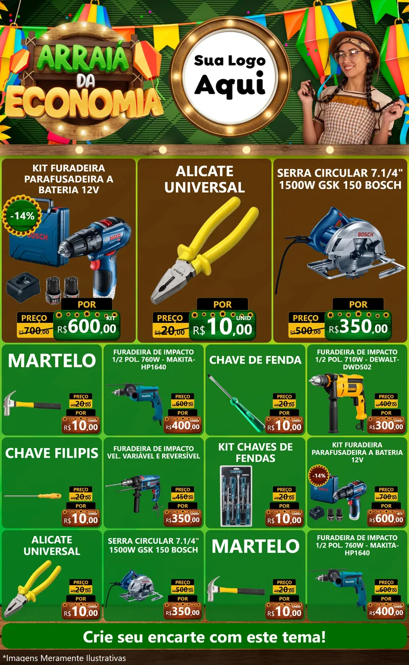 Modelo de Encarte para Encarte Grande com o tema Arraiá de Economia para Maquinas e Ferramentas