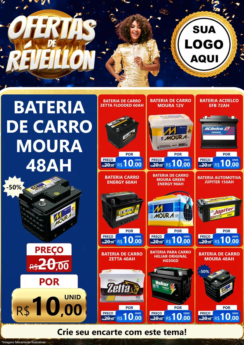 Modelo de Encarte para Encarte A4 Vertical com o tema Ofertas de Réveillon para Baterias Elétricas