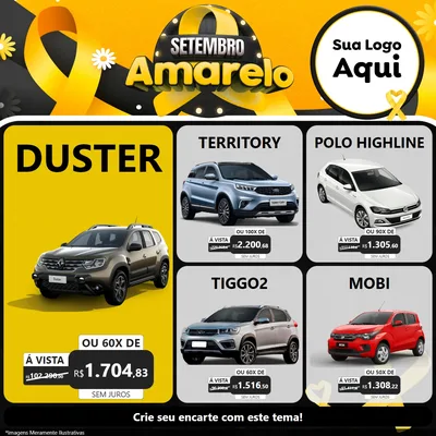 Modelo de Rede Social para Feed Facebook com o tema Setembro Amarelo para Concessionaria de Carros