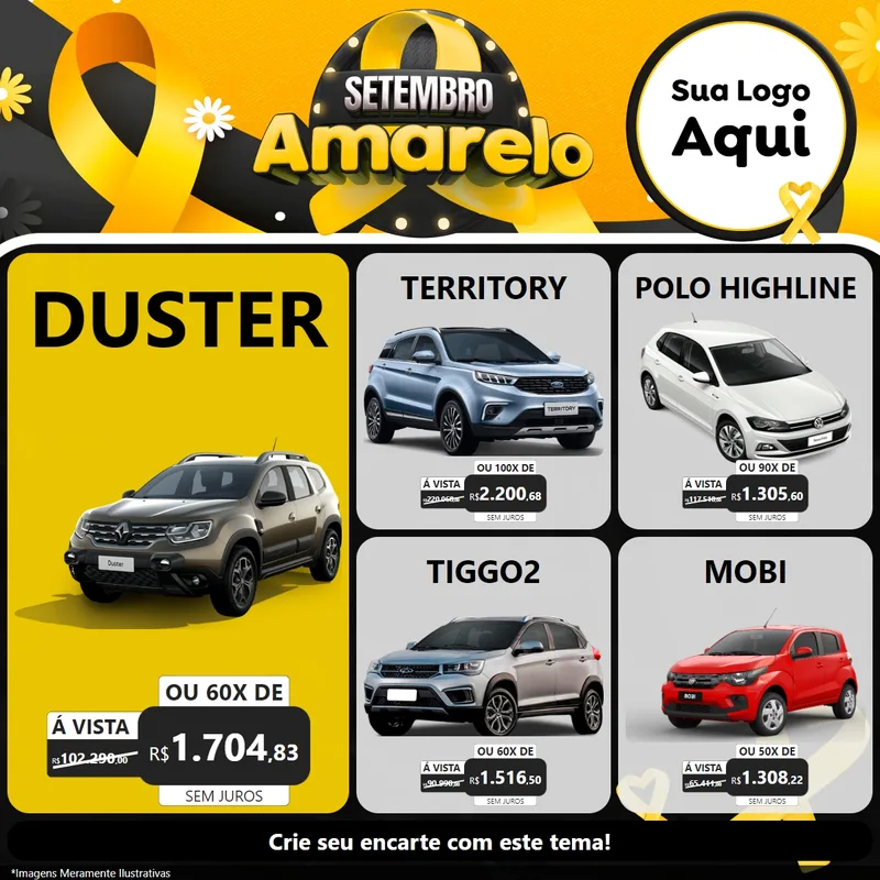 Modelo de Rede Social para Feed Facebook com o tema Setembro Amarelo para Concessionaria de Carros