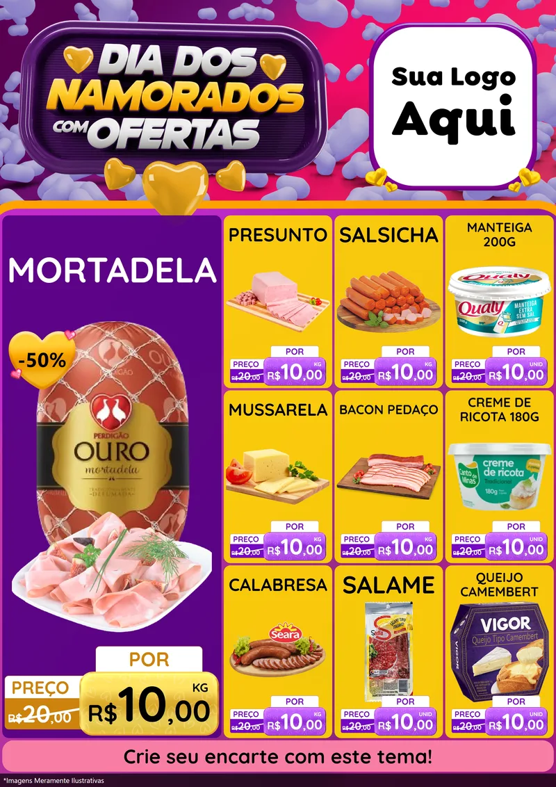 Modelo de Encarte para Encarte A4 Vertical com o tema Dia Dos Namorados Com Ofertas para Frios e Laticínios