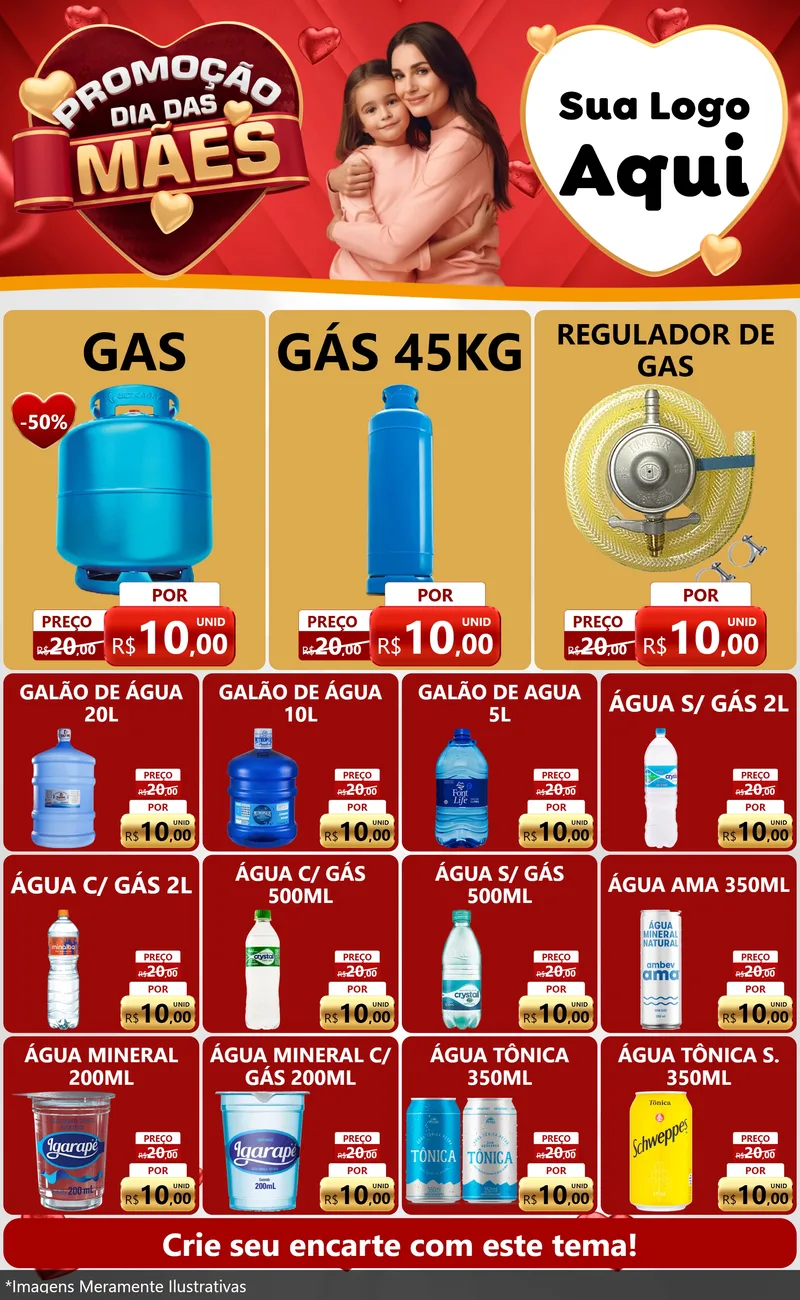Modelo de Encarte para Encarte Grande com o tema Promoção Dia das Mães para Água e gás