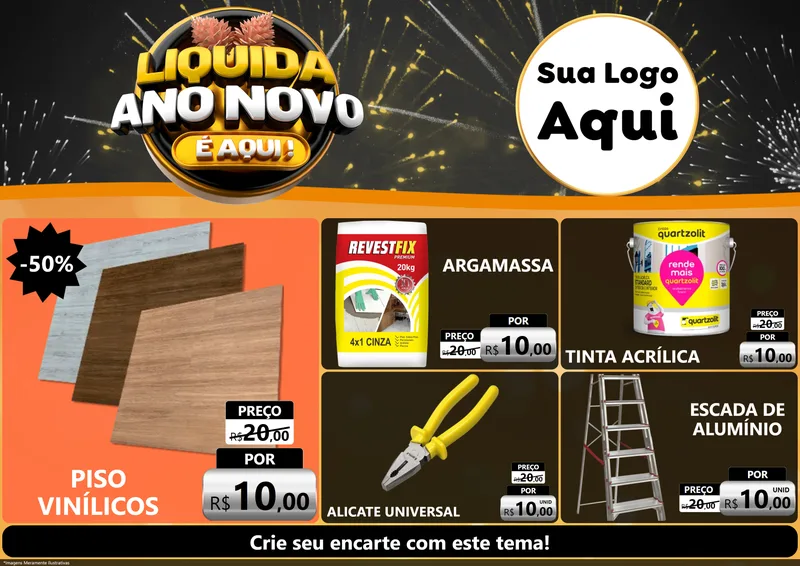 Modelo de Encarte para Encarte A4 Horizontal com o tema Liquida Ano Novo É Aqui! para Material para Construção