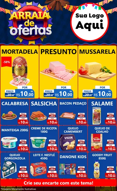 Modelo de Encarte para Encarte Grande com o tema Arraiá de Ofertas para Frios e Laticínios
