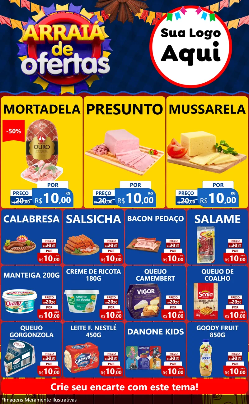 Modelo de Encarte para Encarte Grande com o tema Arraiá de Ofertas para Frios e Laticínios