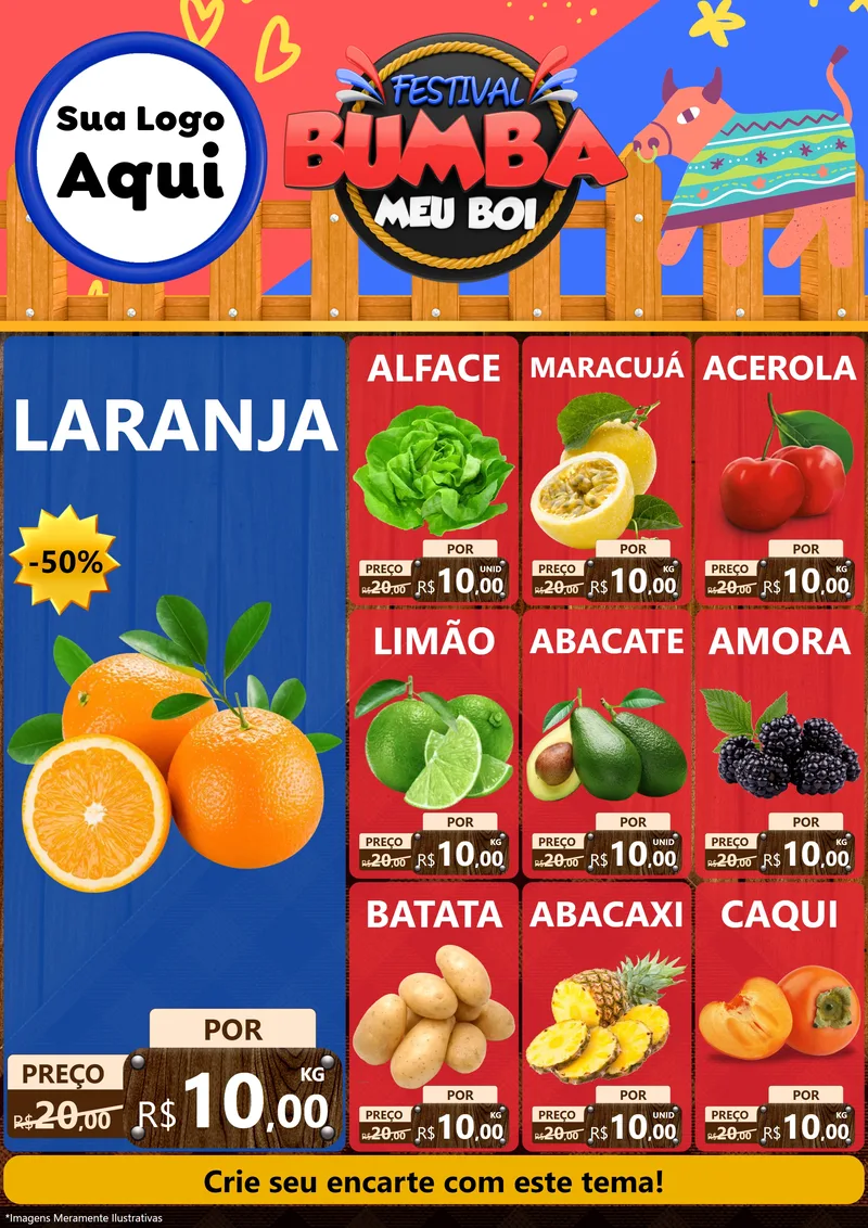 Modelo de Encarte para Encarte A4 Vertical com o tema Festival Bumba Meu Boi para Hortifrúti