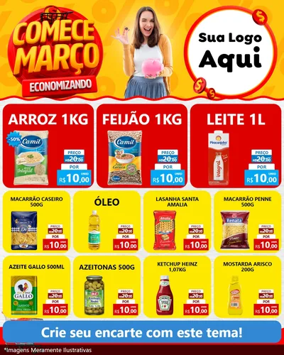 Modelo de Rede Social para Feed Instagram com o tema Comece Março Economizando para Supermercado