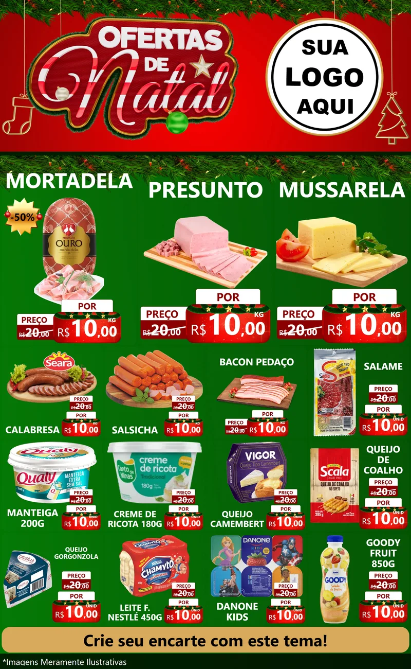 Modelo de Encarte para Encarte Grande com o tema Ofertas de Natal para Frios e Laticínios