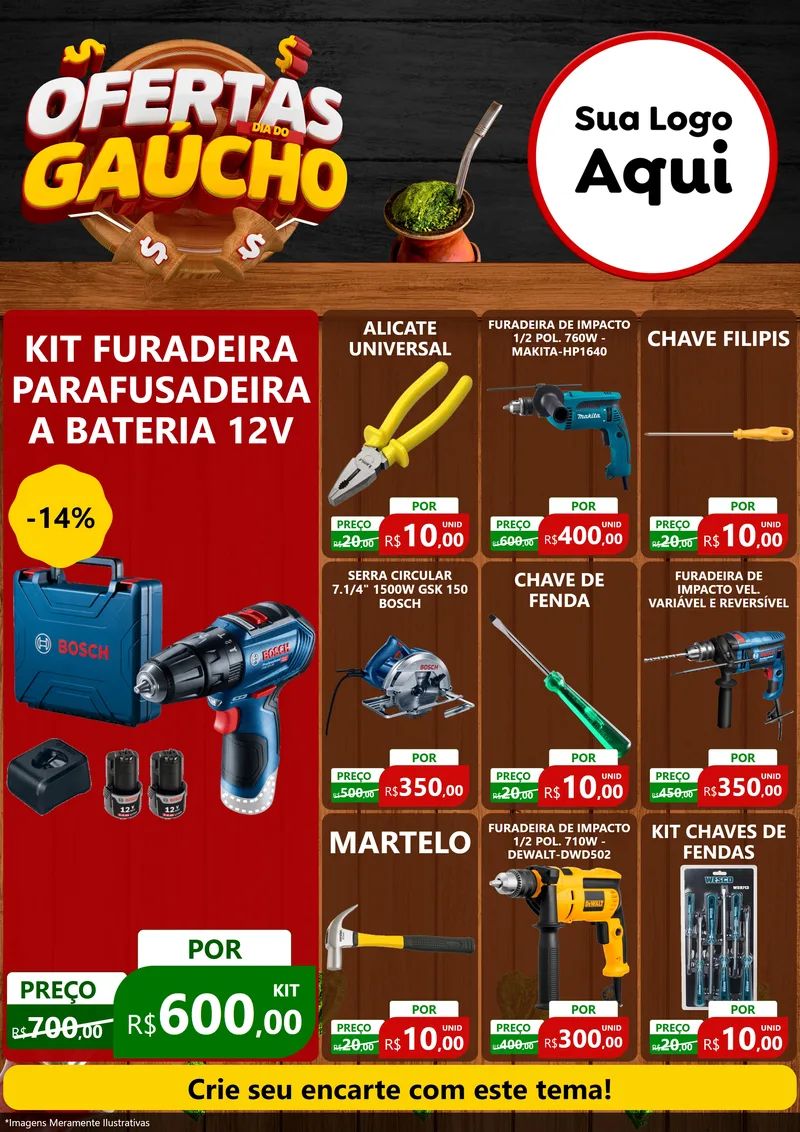 Modelo de Encarte para Encarte A4 Vertical com o tema Ofertas Dia do Gaúcho para Maquinas e Ferramentas