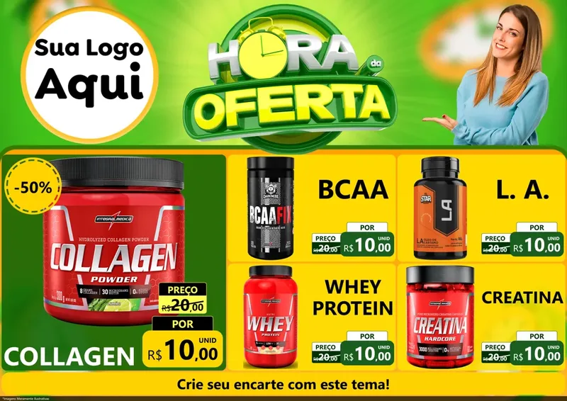 Modelo de Encarte para Encarte A4 Horizontal com o tema Hora da Oferta para Suplementos alimentares