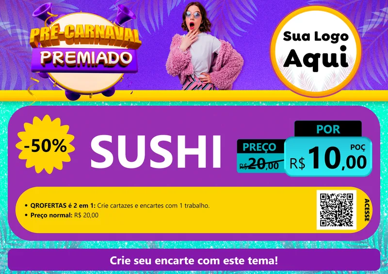 Modelo de Cartaz para Cartaz A4 Horizontal com o tema Pré-Carnaval Premiado para Comida japonesa