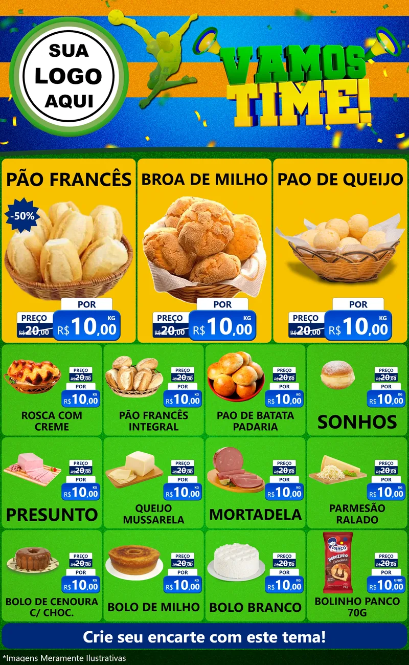 Modelo de Encarte para Encarte Grande com o tema Vamos Time! para Padaria