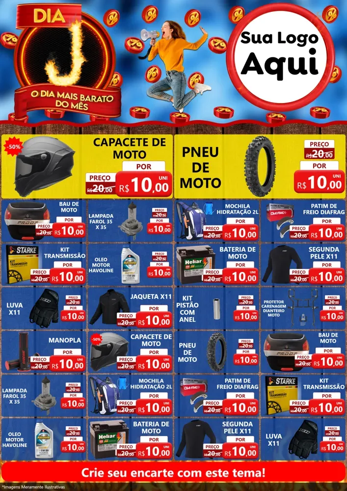 Modelo de Encarte para Encarte A4 Vertical com o tema Dia J - O Dia Mais Barato Do Mês para Moto peças