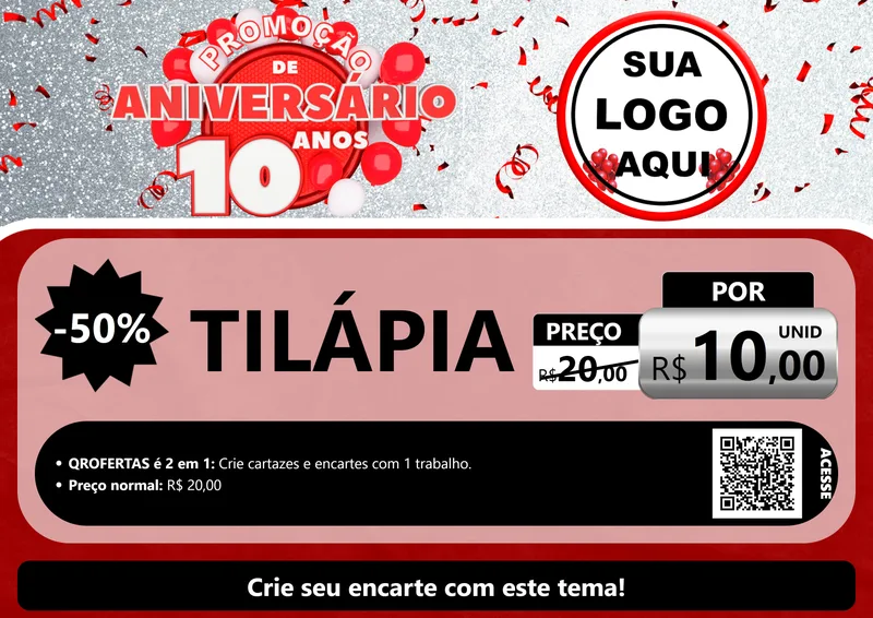 Modelo de Cartaz para Cartaz A4 Horizontal com o tema Promoção de Aniversário - 10 Anos para Peixaria
