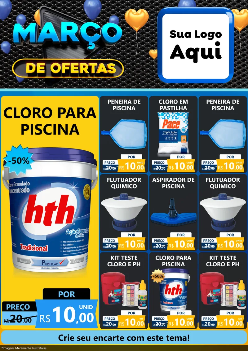 Modelo de Encarte para Encarte A4 Vertical com o tema Março de Ofertas para Produtos para Piscina