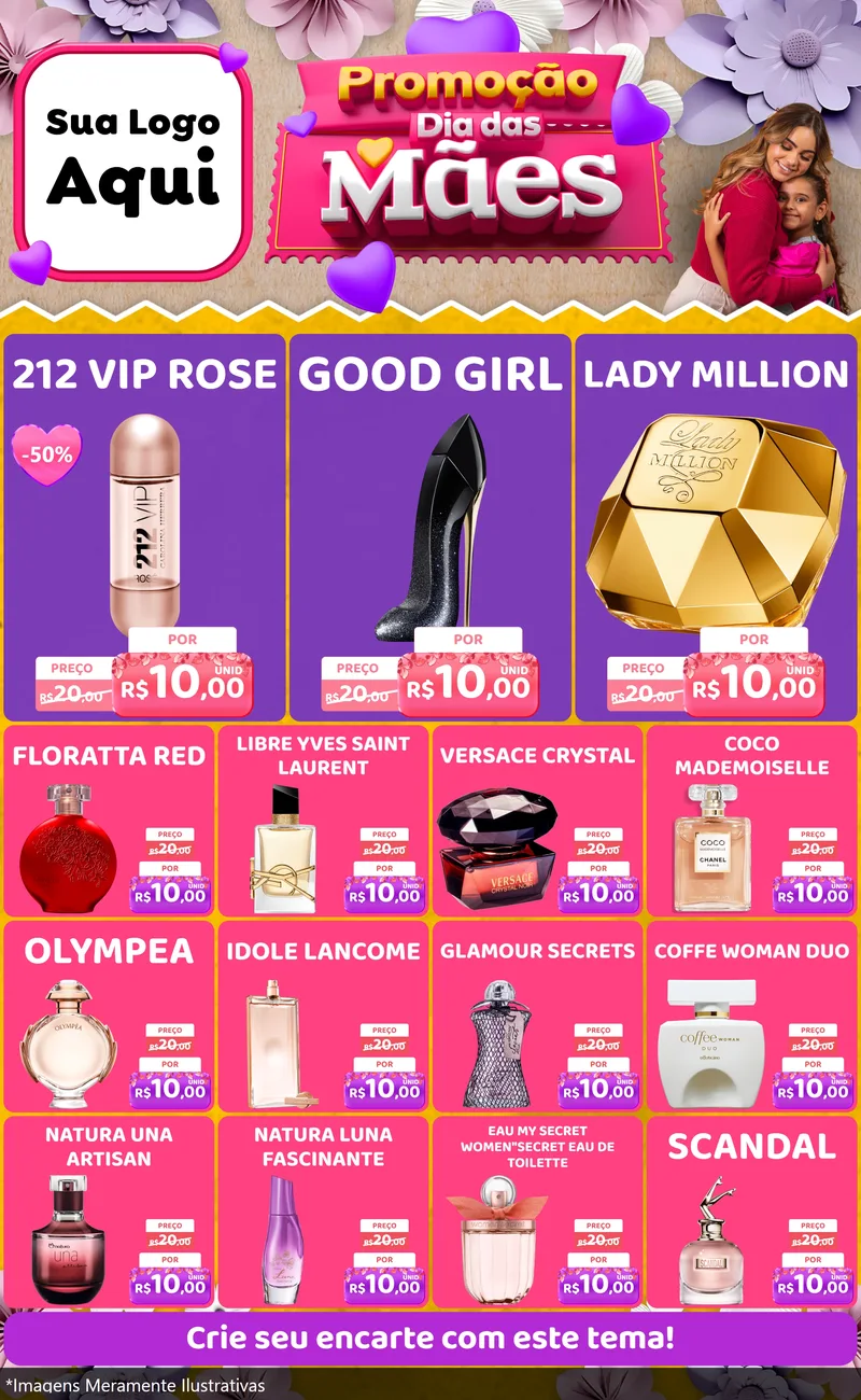 Modelo de Encarte para Encarte Grande com o tema Promoção Dia das Mães para Perfumes