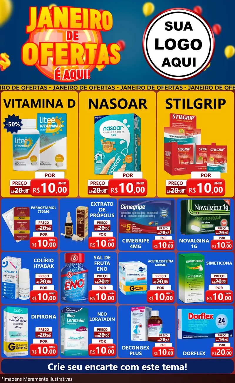 Modelo de Encarte para Encarte Grande com o tema Janeiro de Ofertas É Aqui! para Farmácia