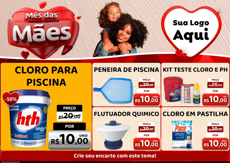 Modelo de Encarte para Encarte A4 Horizontal com o tema Mês das Mães para Produtos para Piscina