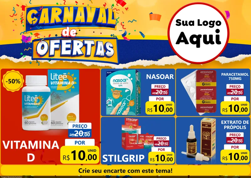 Modelo de Encarte para Encarte A4 Horizontal com o tema Carnaval de Ofertas para Farmácia