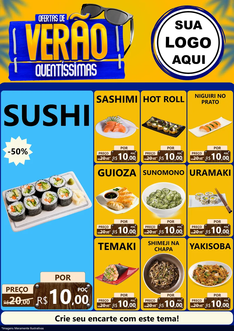Modelo de Encarte para Encarte A4 Vertical com o tema Ofertas de Verão Quentíssimas para Comida japonesa