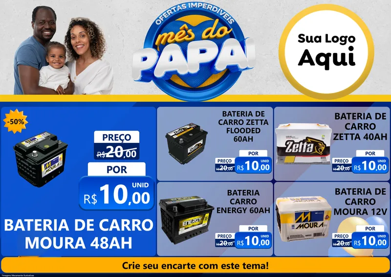 Modelo de Encarte para Encarte A4 Horizontal com o tema Ofertas Imperdíveis Mês Do Papai para Baterias Elétricas