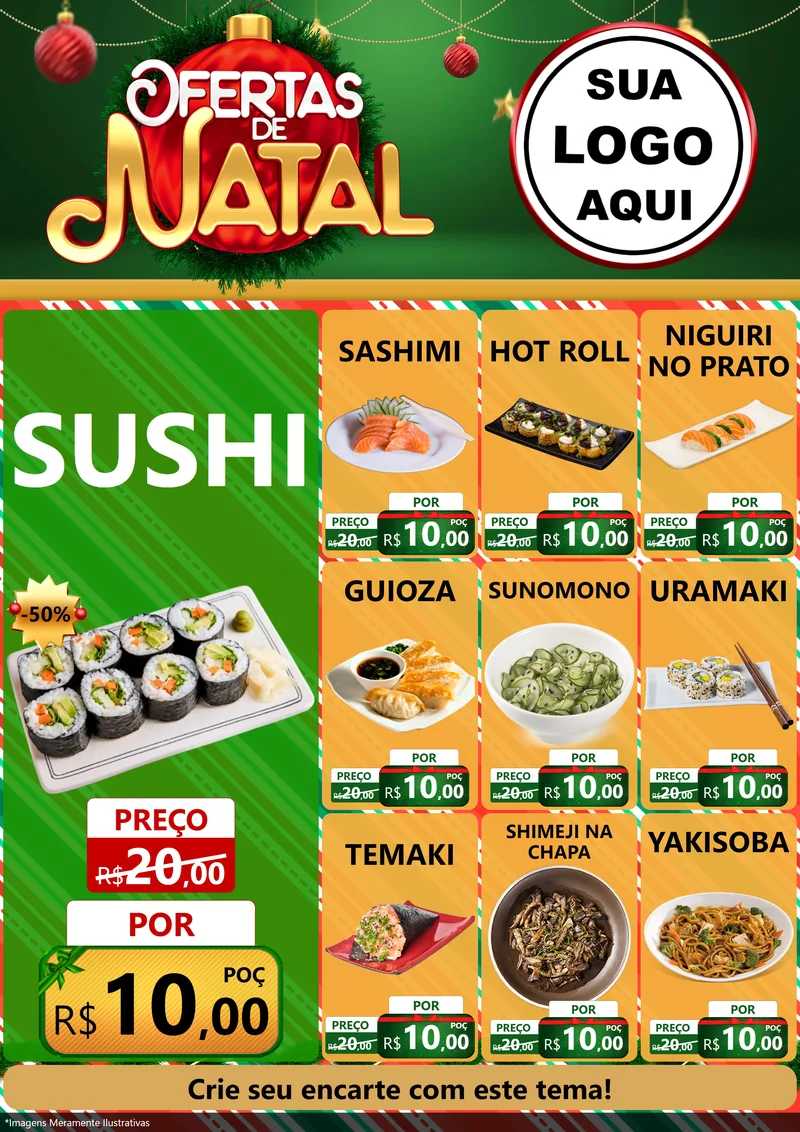 Modelo de Encarte para Encarte A4 Vertical com o tema Ofertas de Natal para Comida japonesa