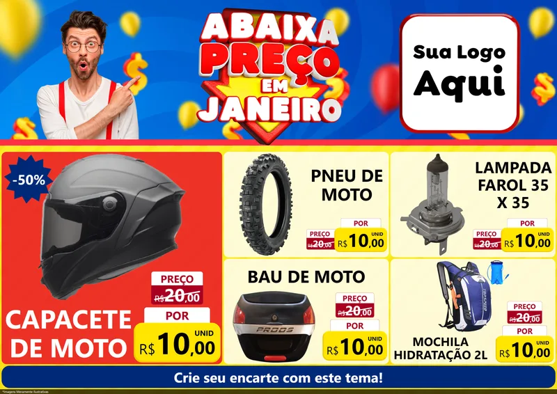 Modelo de Encarte para Encarte A4 Horizontal com o tema Abaixa Preço em Janeiro para Moto peças