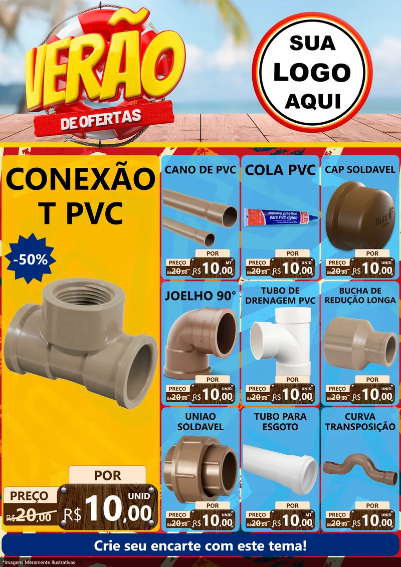 Modelo de Encarte para Encarte A4 Vertical com o tema Verão de Ofertas para Tubos e conexões