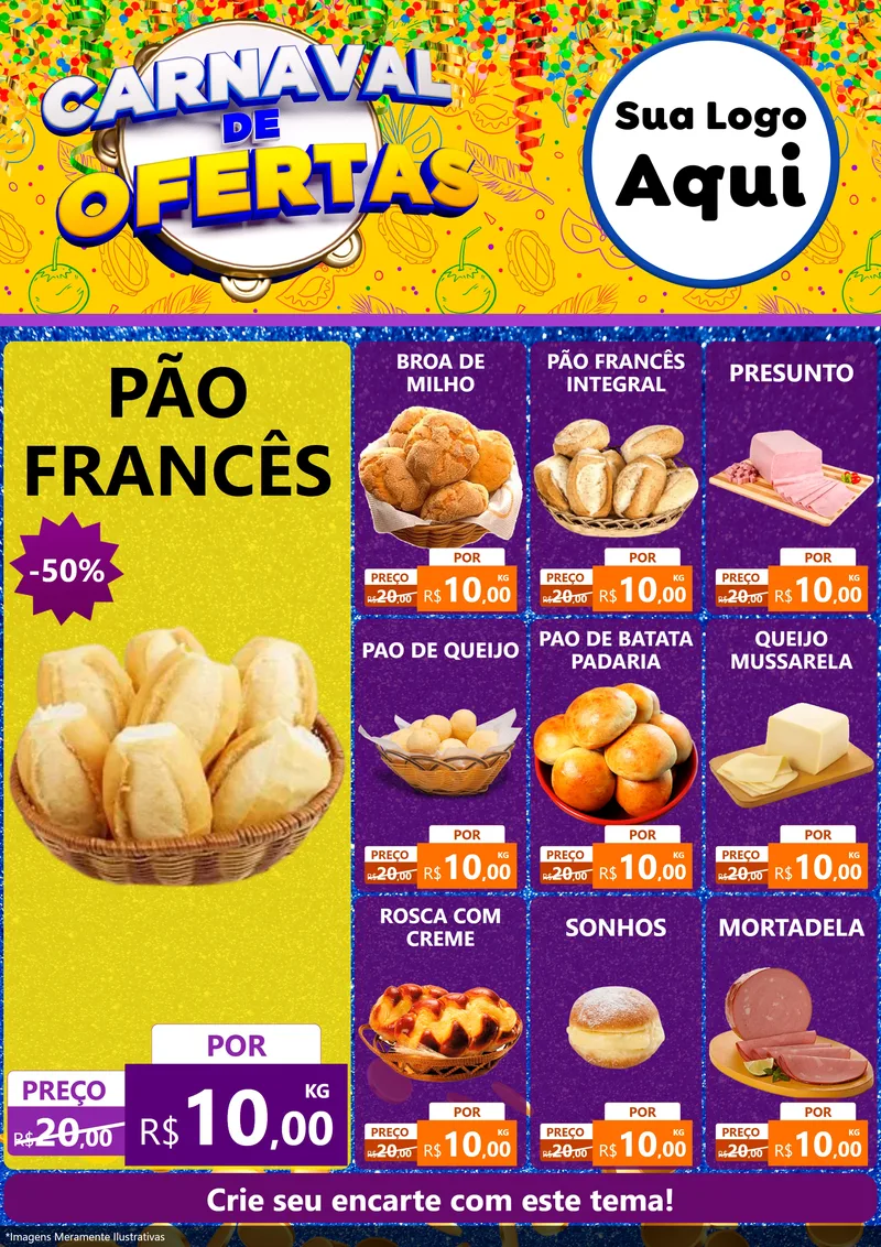 Modelo de Encarte para Encarte A4 Vertical com o tema Carnaval de Ofertas para Padaria