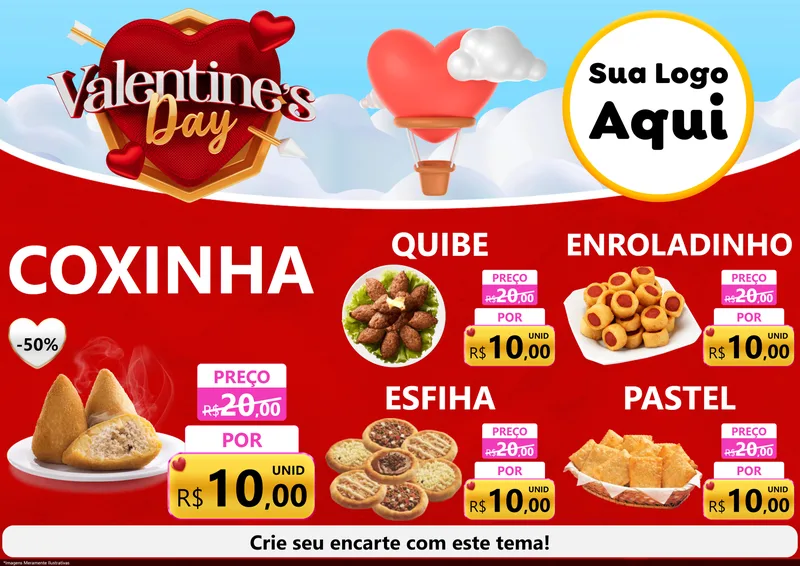 Modelo de Encarte para Encarte A4 Horizontal com o tema Valentine's Day para Salgadaria