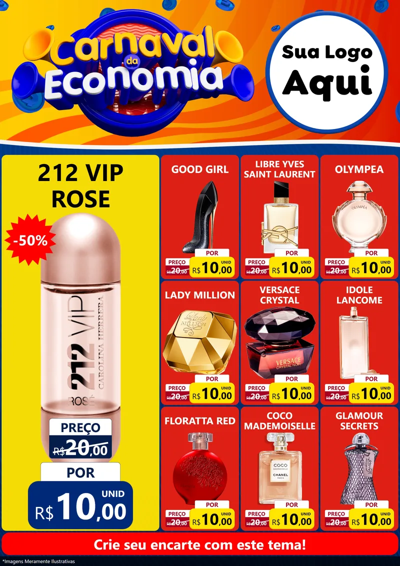 Modelo de Encarte para Encarte A4 Vertical com o tema Carnaval da Economia para Perfumes