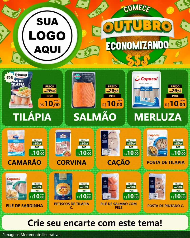 Modelo de Rede Social para Feed Instagram com o tema Comece Outubro Economizando para Peixaria