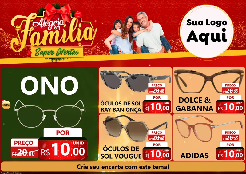 Modelo de Encarte para Encarte A4 Horizontal com o tema Alegria em Família Super Ofertas - Natal para Óticas