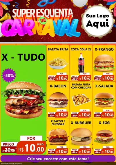 Modelo de Encarte para Encarte A4 Vertical com o tema Super Esquenta de Carnaval para Hamburgueria
