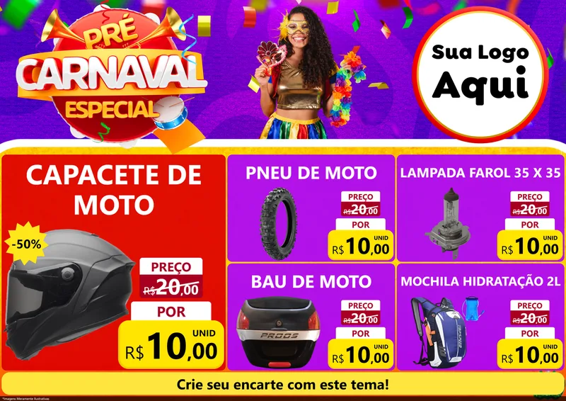 Modelo de Encarte para Encarte A4 Horizontal com o tema Pré-Carnaval Especial para Moto peças