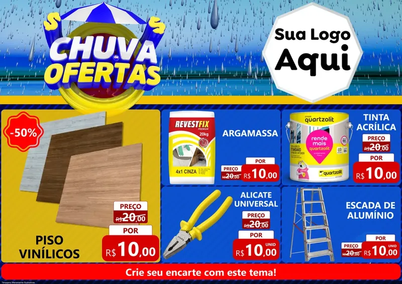 Modelo de Encarte para Encarte A4 Horizontal com o tema Chuva de Ofertas para Material para Construção