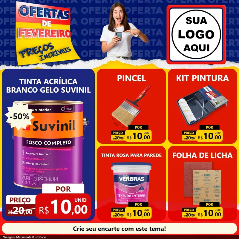 Modelo de Rede Social para Feed Facebook com o tema Ofertas de Fevereiro - Preços Incríveis para Tintas e Ferramentas