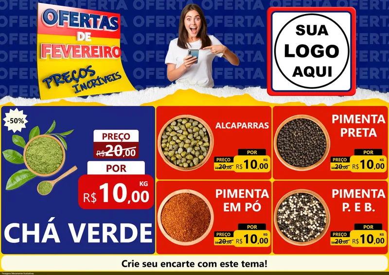 Modelo de Encarte para Encarte A4 Horizontal com o tema Ofertas de Fevereiro - Preços Incríveis para Produtos Naturais