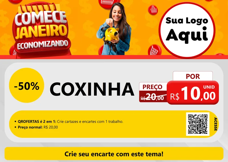 Modelo de Cartaz para Cartaz A4 Horizontal com o tema Comece Janeiro Economizando para Salgadaria